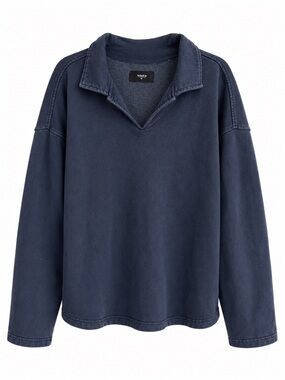 HOURS Washed Navy Oversized Johnny Collar Cotton Pullover Sweatshirt Size M